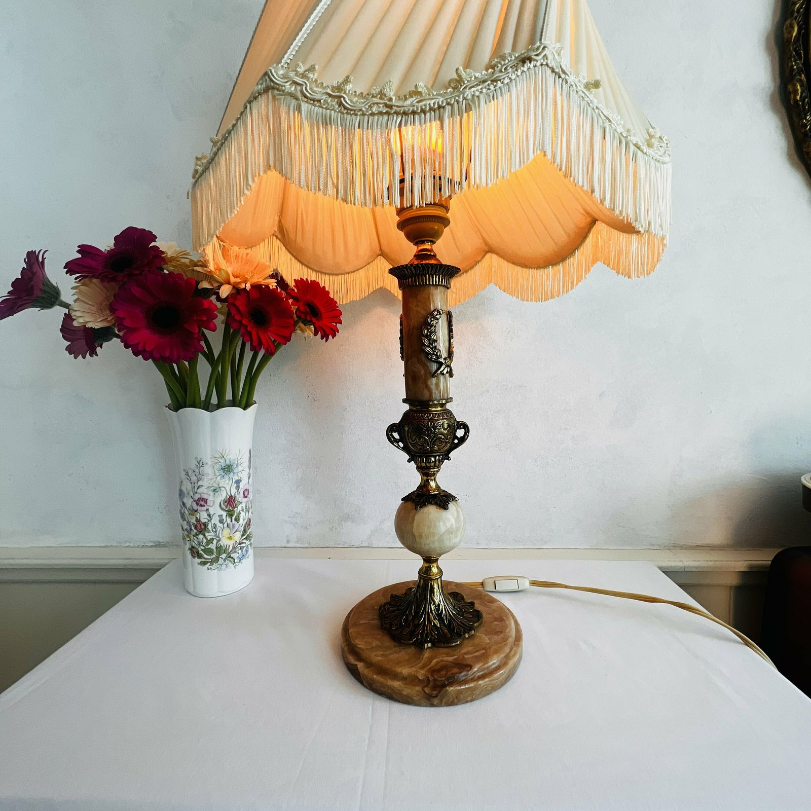 Italian Marble Lamp, Tall Table Lamp Lampshade Edges With Fringes, Rare Find photo 630.0