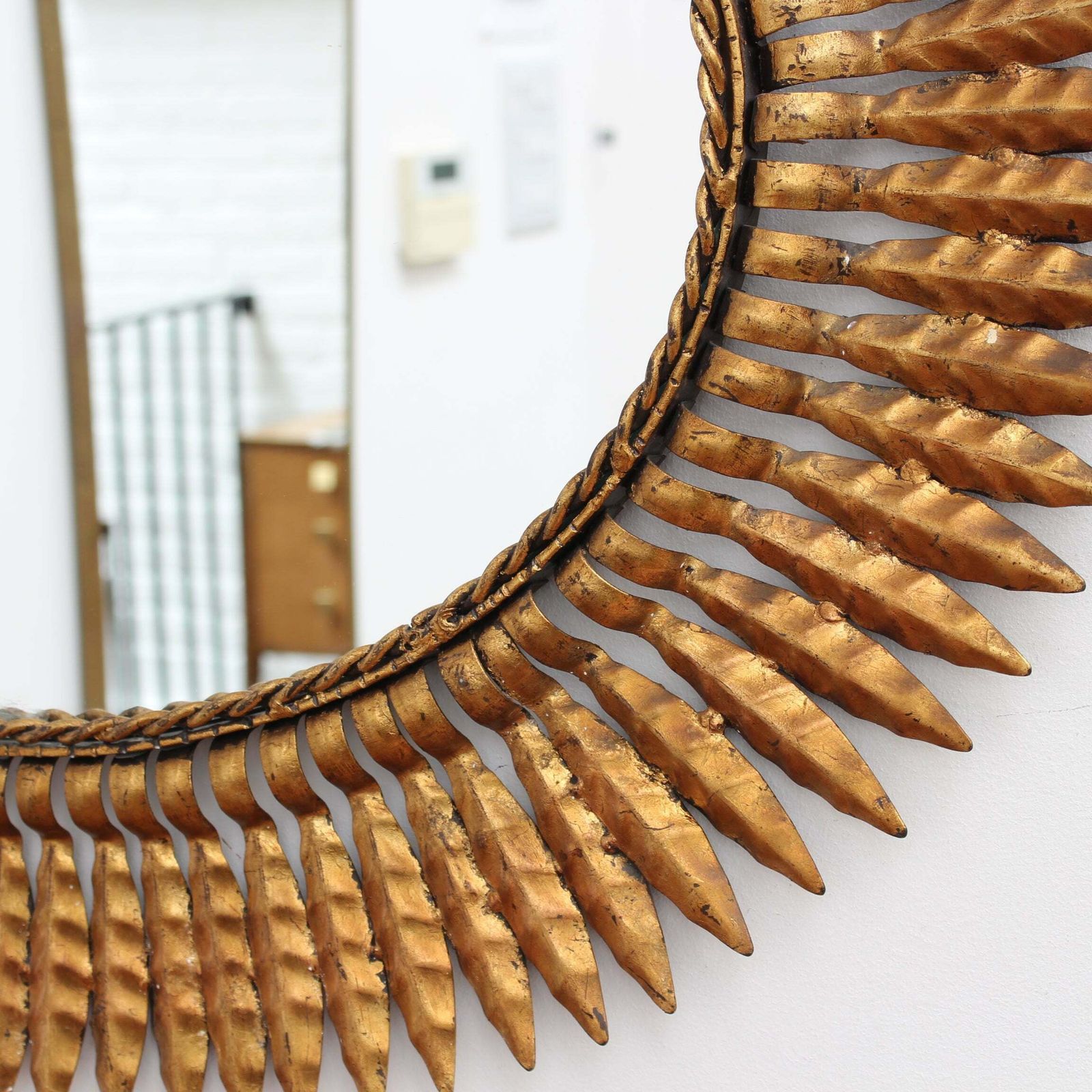 Mid Century Spanish Gilt Metal Sunburst Mirror With Leaf Motif, Circa 1960s. photo buy