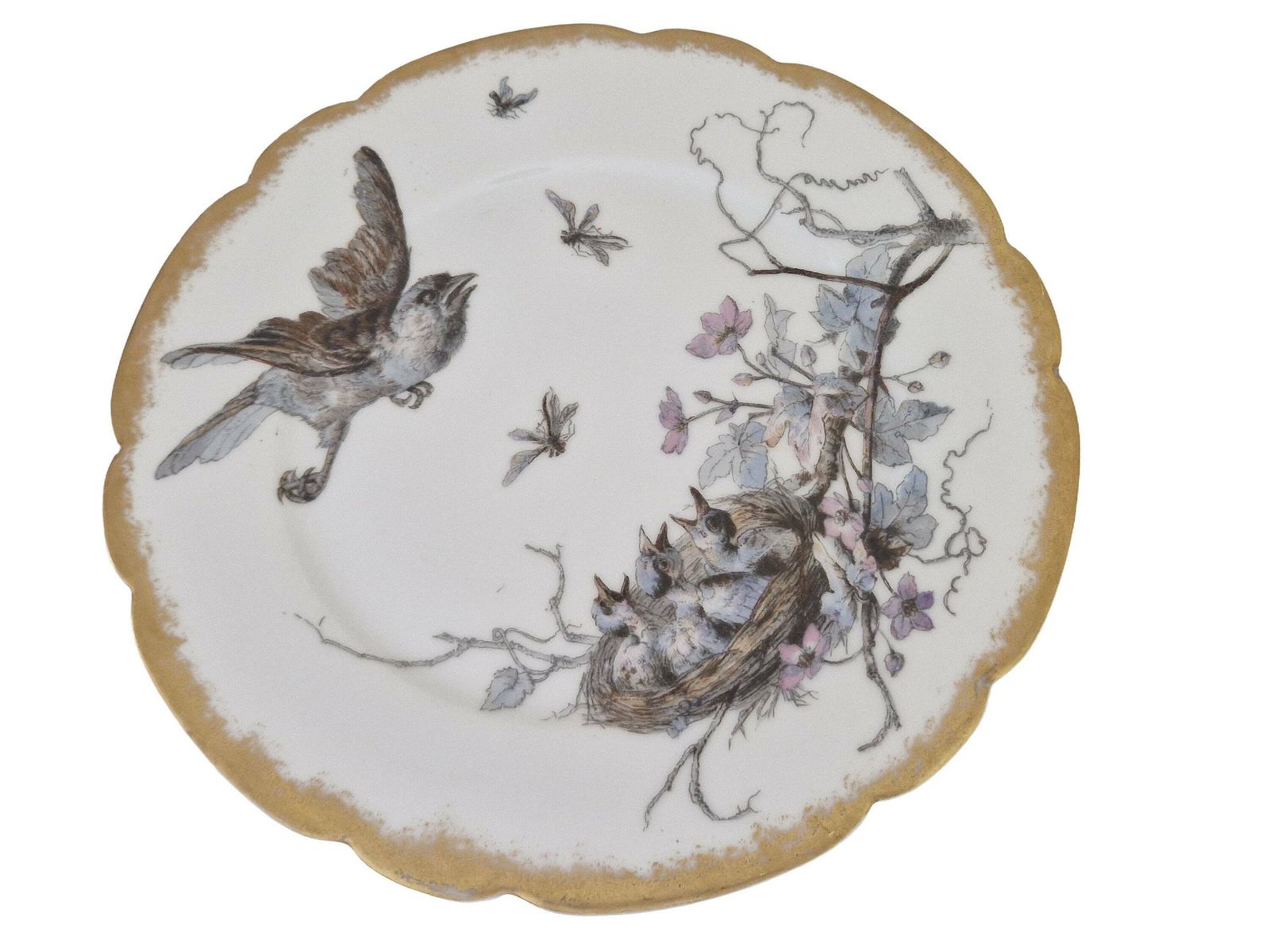 Limoges Porcelain Wall Plate With Hand Painted Birds And Insects By Adolphe Hache & Cie, French Cabinet Plate photo for sale