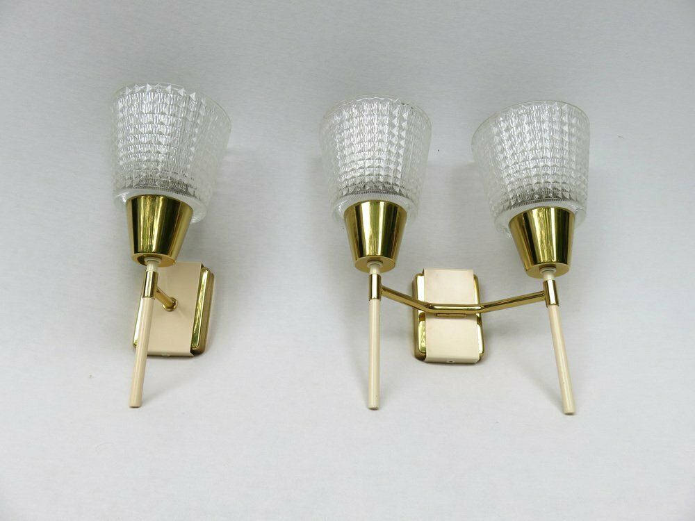 Elegant Wall Lights Torches, 50s, Brass, Beige, Glass, 1950s, Set Of 2 photo furniture