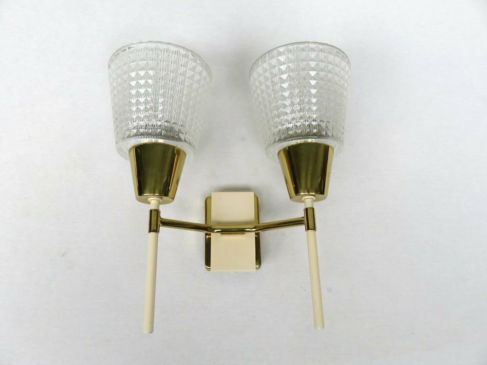 Elegant Wall Lights Torches, 50s, Brass, Beige, Glass, 1950s, Set Of 2 photo 1841.1