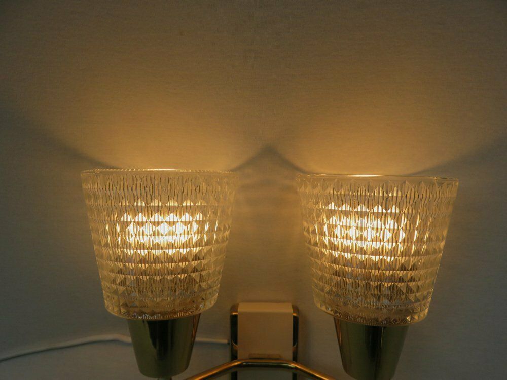 1841.1 Elegant Wall Lights Torches, 50s, Brass, Beige, Glass, 1950s, Set Of 2 photo