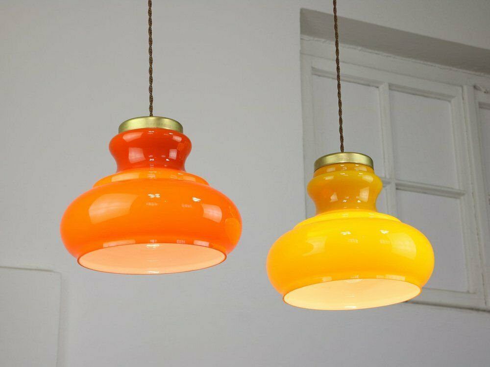 Mid Century Italian Glass And Brass Pendant Lamps, Set Of 2 photo furniture