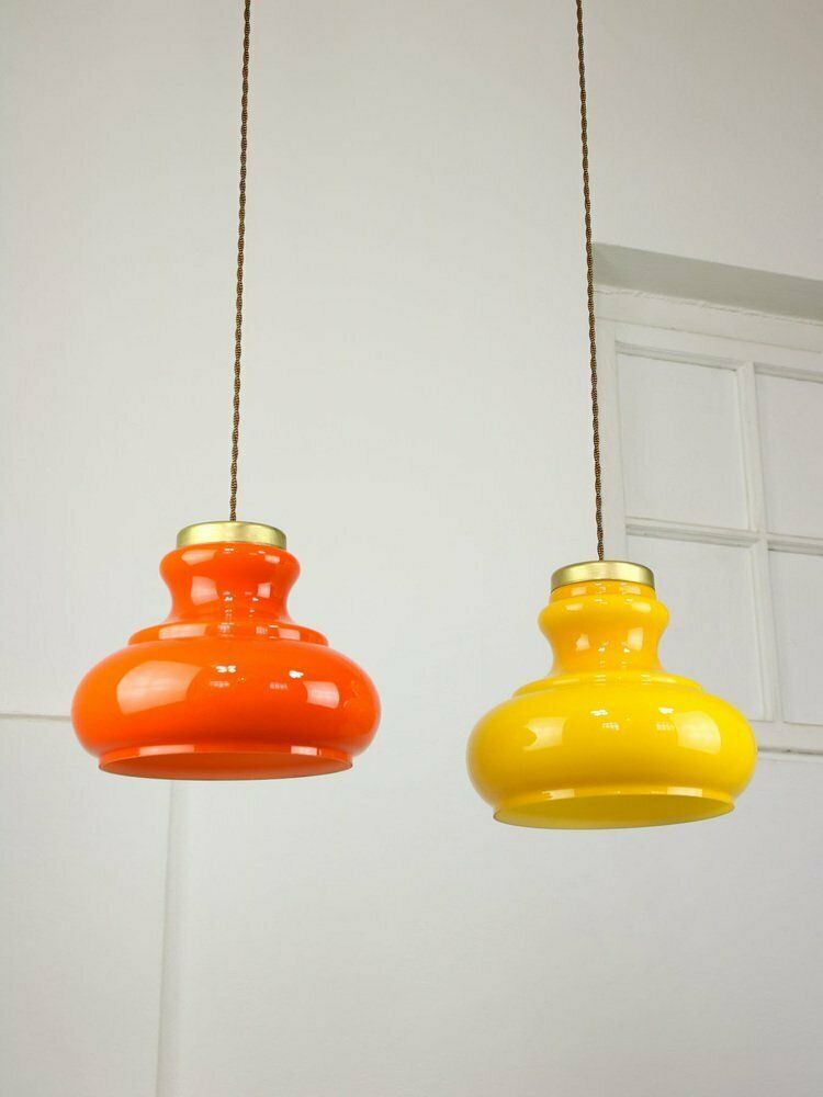 Mid Century Italian Glass And Brass Pendant Lamps, Set Of 2 photo vinterior