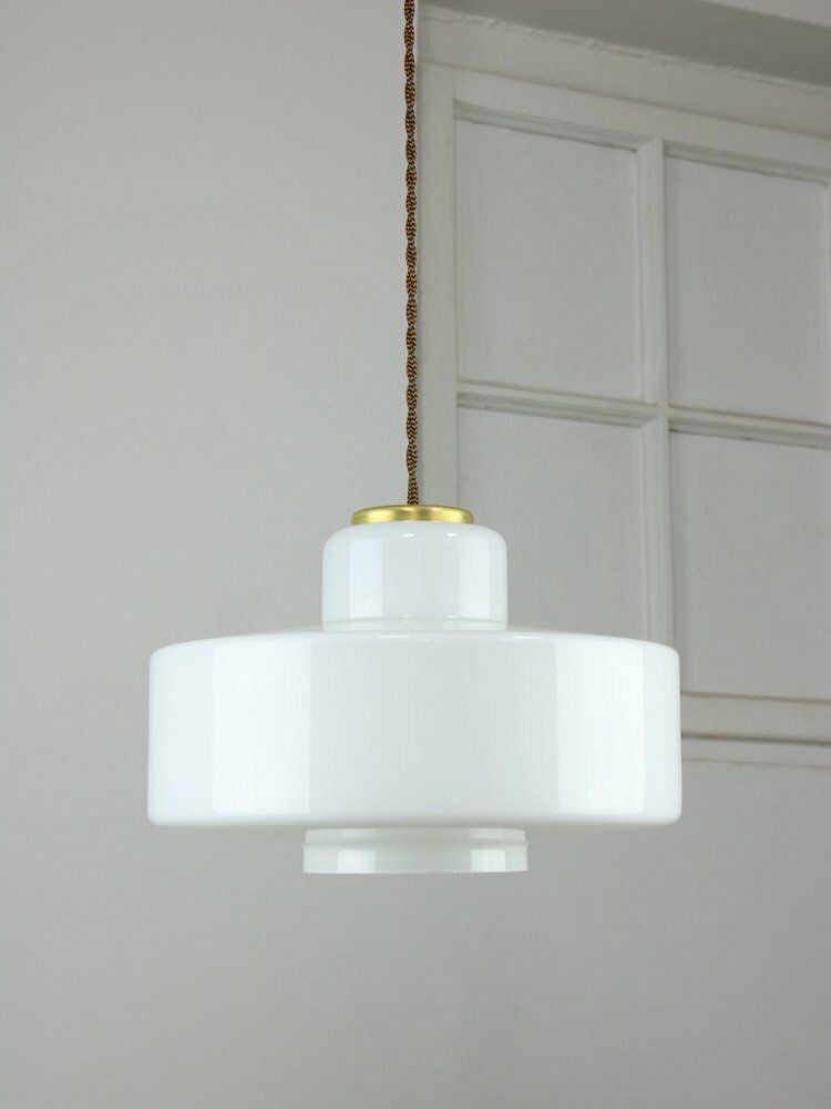 Mid Century Italian White Glass And Brass Pendant Lamp