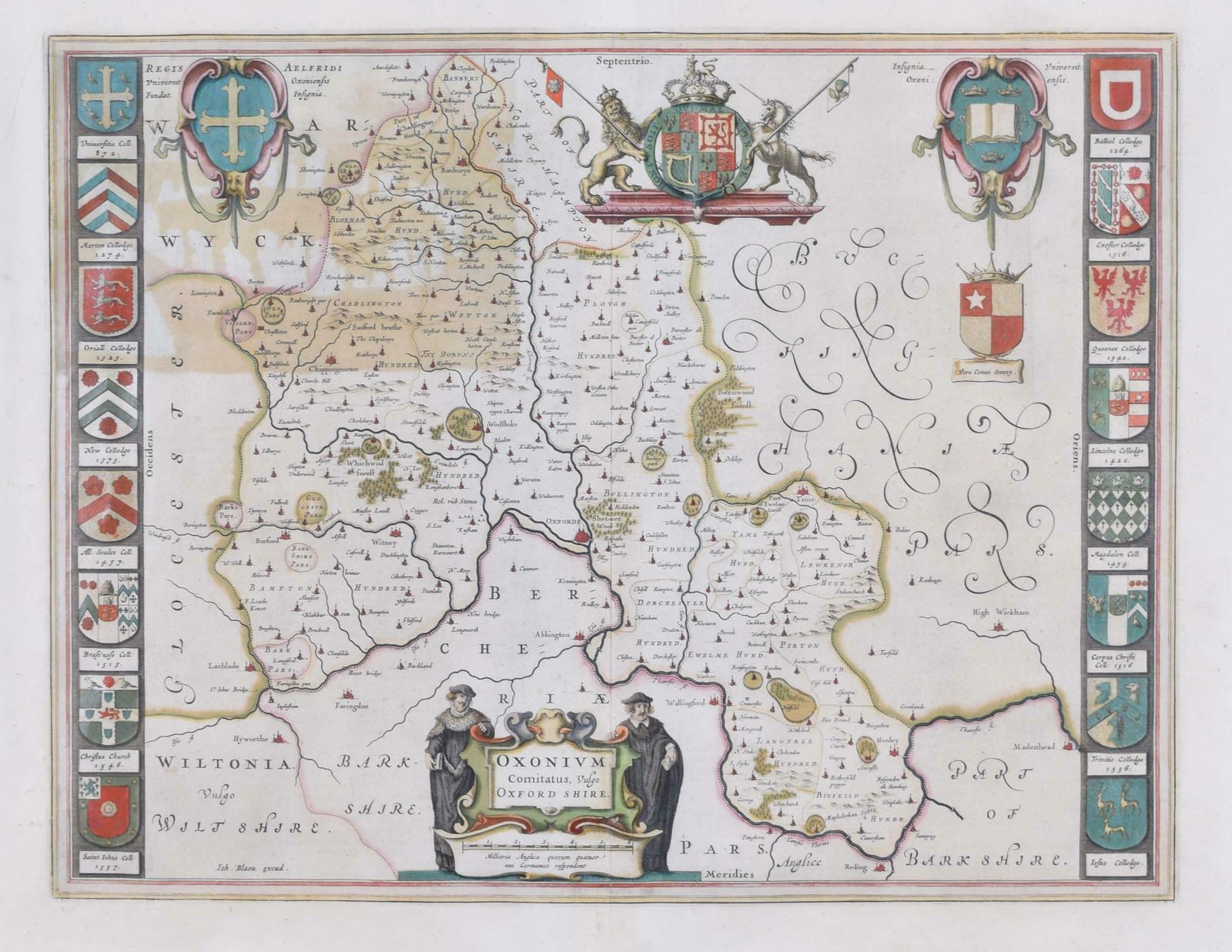 Joan (Johannes) Blaeu Map Of Oxfordshire By Joan Blaeu With College Crests  1662 photo furniture