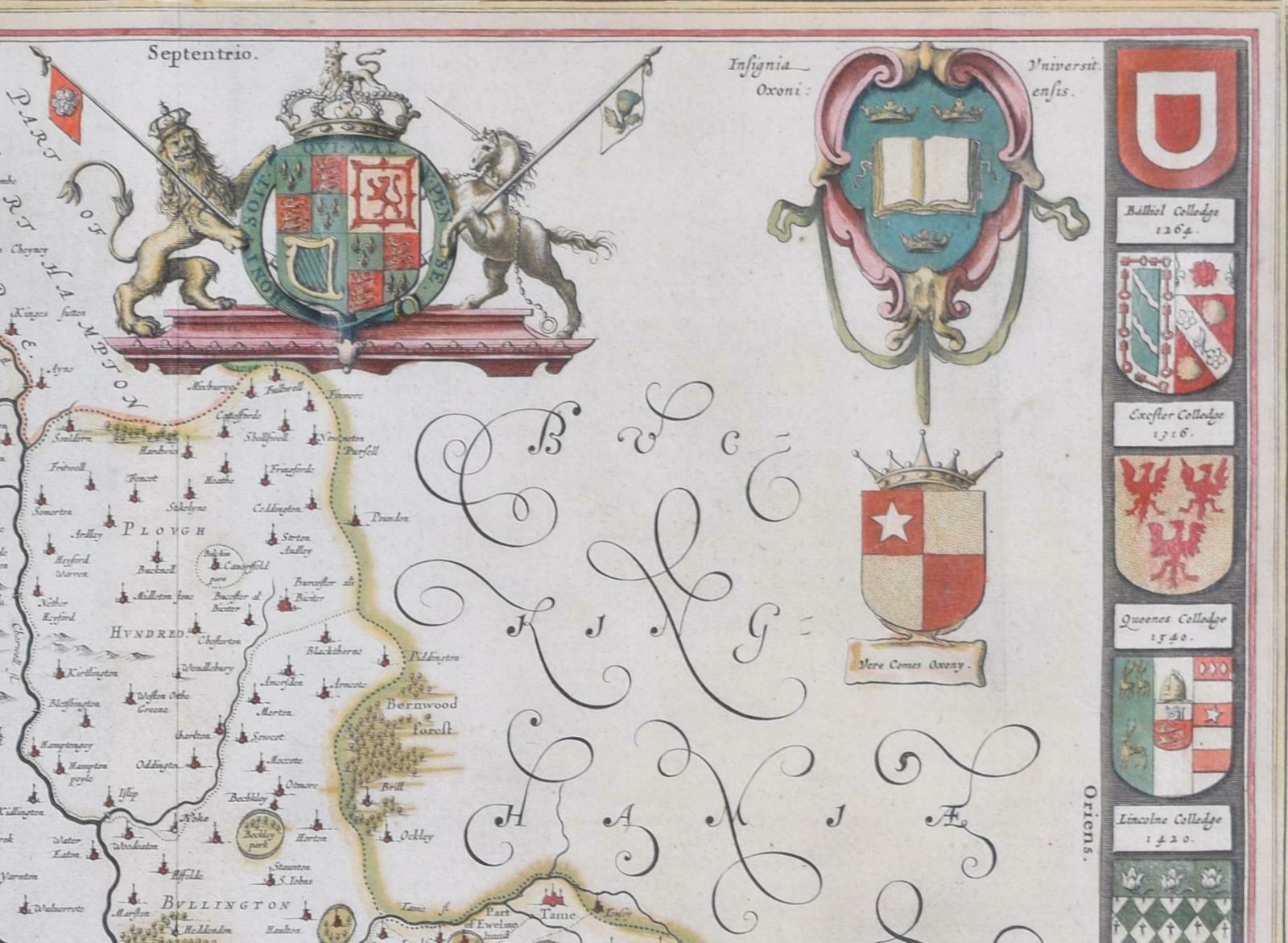 Joan (Johannes) Blaeu Map Of Oxfordshire By Joan Blaeu With College Crests  1662 photo Art