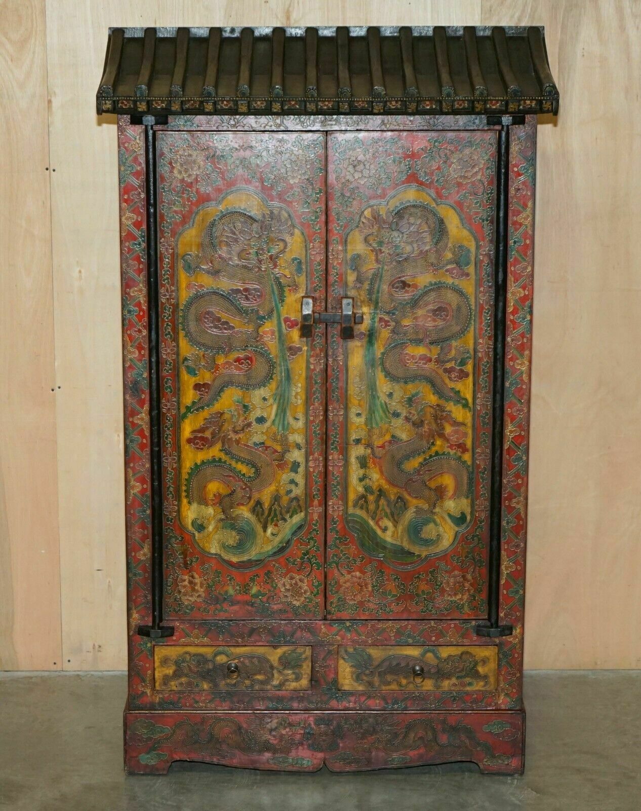 Full Sized Vintage Chinese Red Dragons Painted Pagoda Top Wardrobe With Drawers photo furniture
