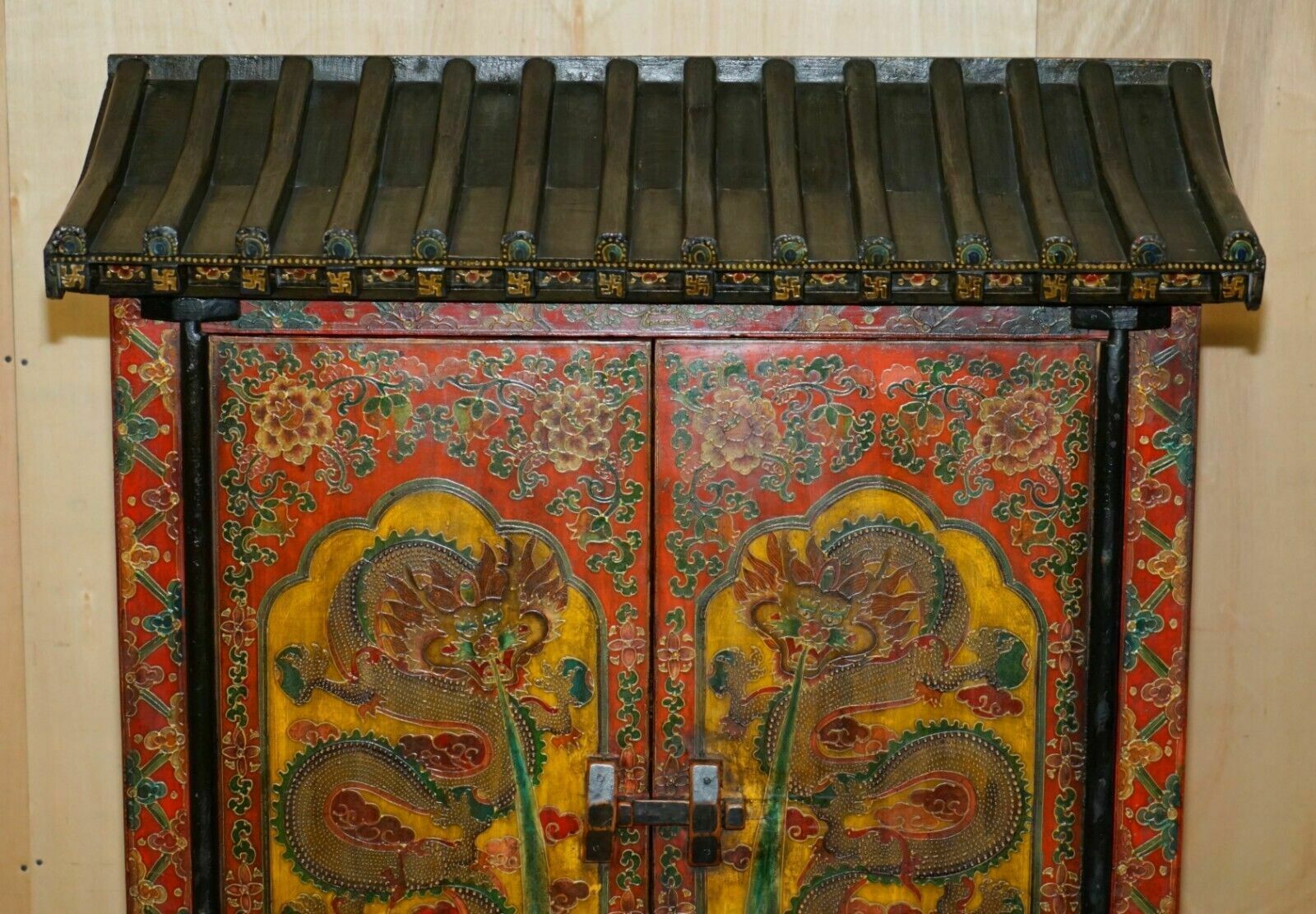 Full Sized Vintage Chinese Red Dragons Painted Pagoda Top Wardrobe With Drawers photo for sale