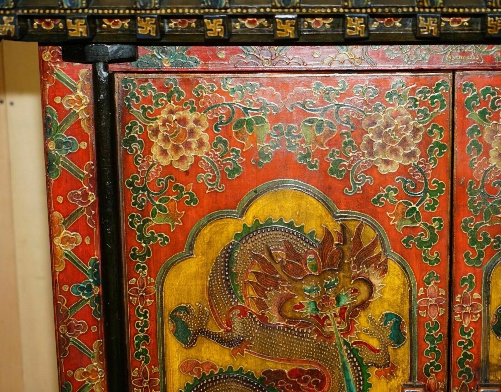 Full Sized Vintage Chinese Red Dragons Painted Pagoda Top Wardrobe With Drawers photo buy