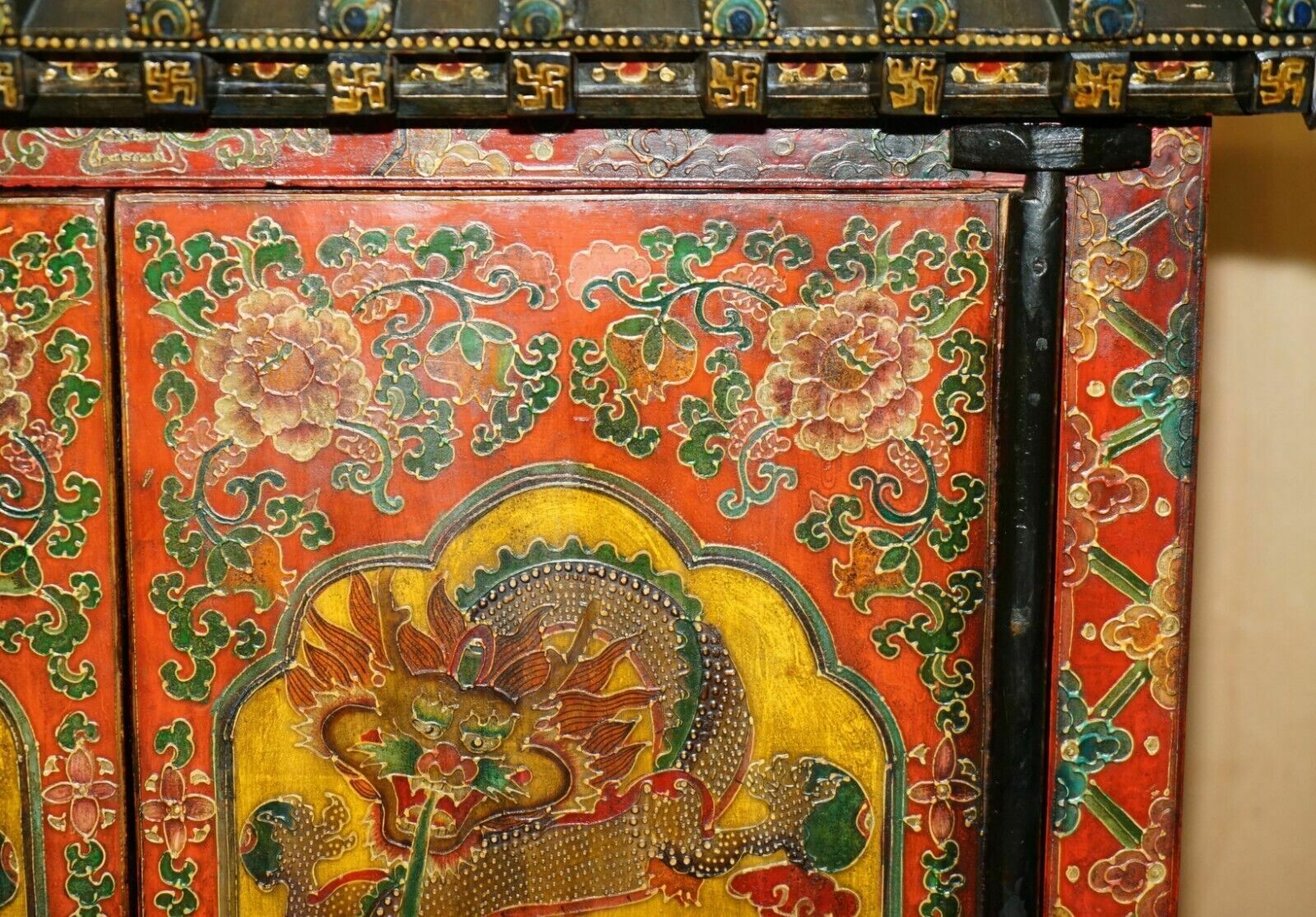 3950.0 Full Sized Vintage Chinese Red Dragons Painted Pagoda Top Wardrobe With Drawers photo