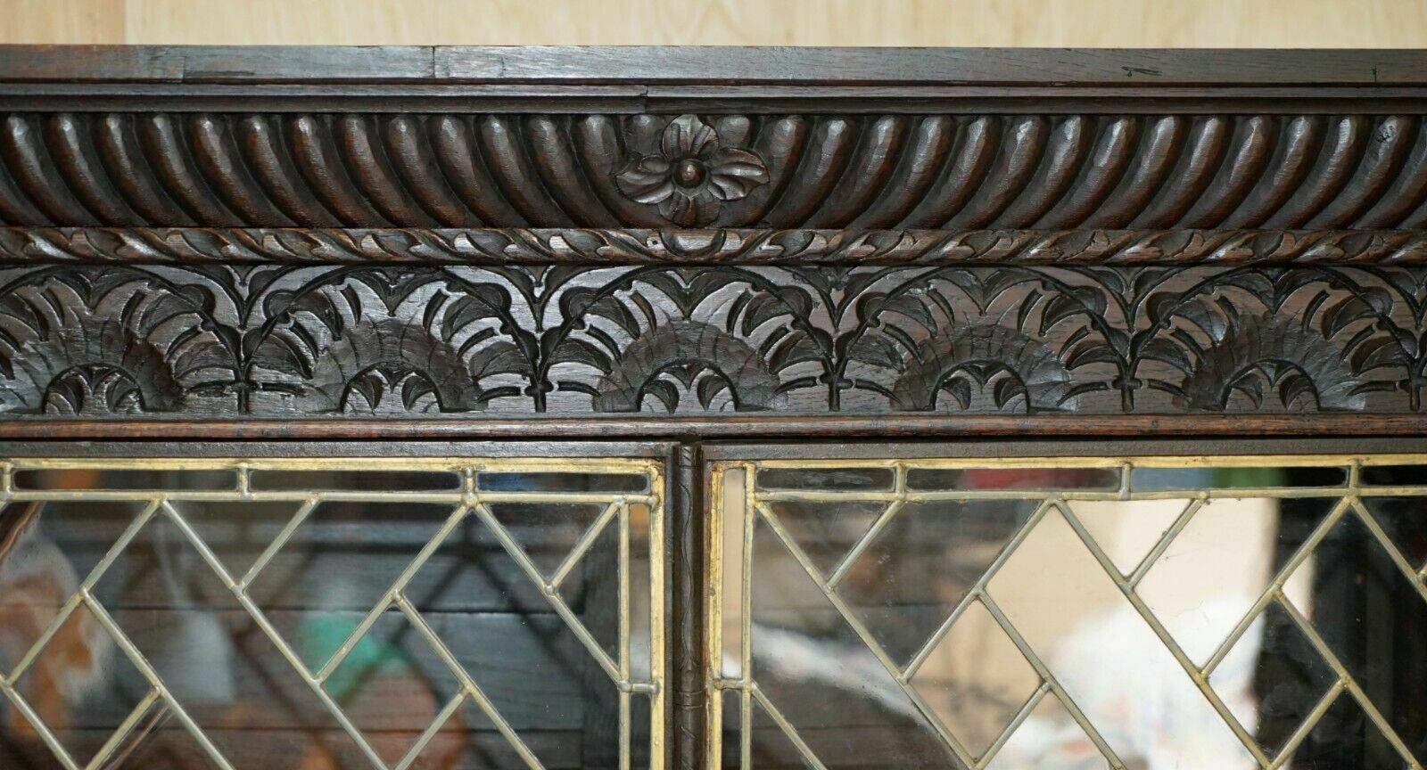 Antique Jacobean Linen Fold Carved Zinc Lined Astral Glazed Library Bookcase photo Furniture
