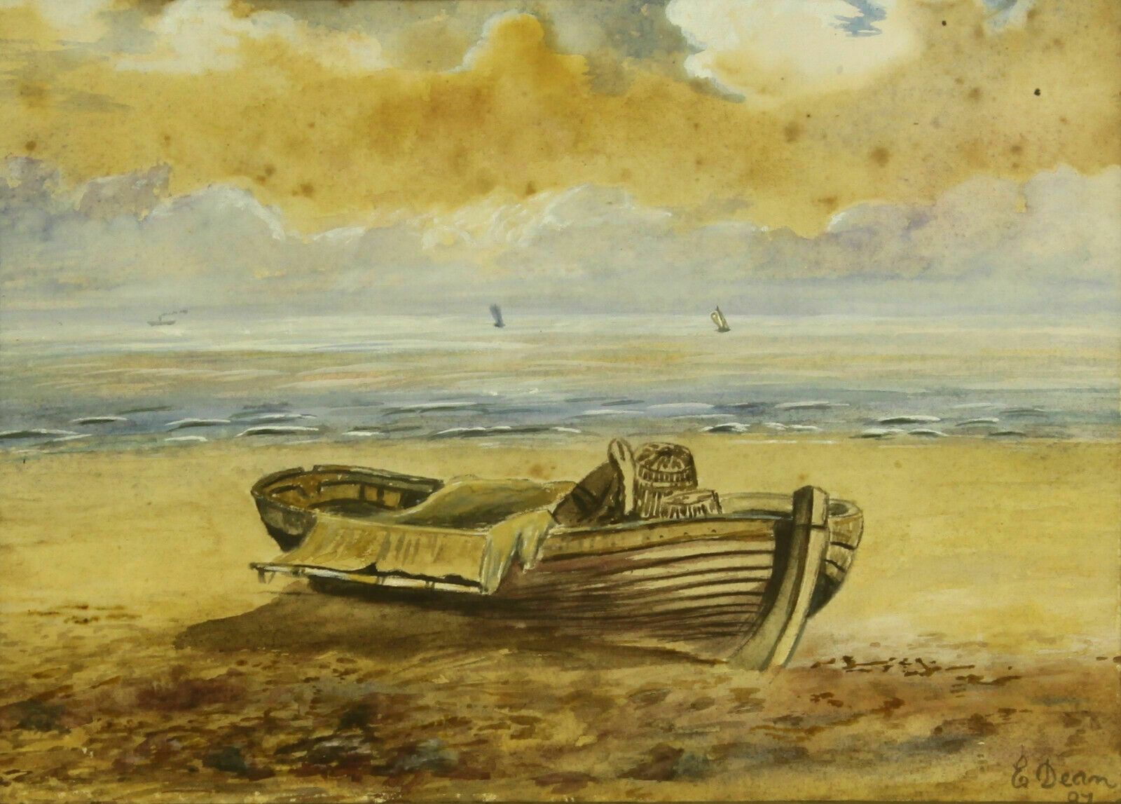 Watercolour By E. Dean. Fishing Boat With Lobster Pots photo furniture