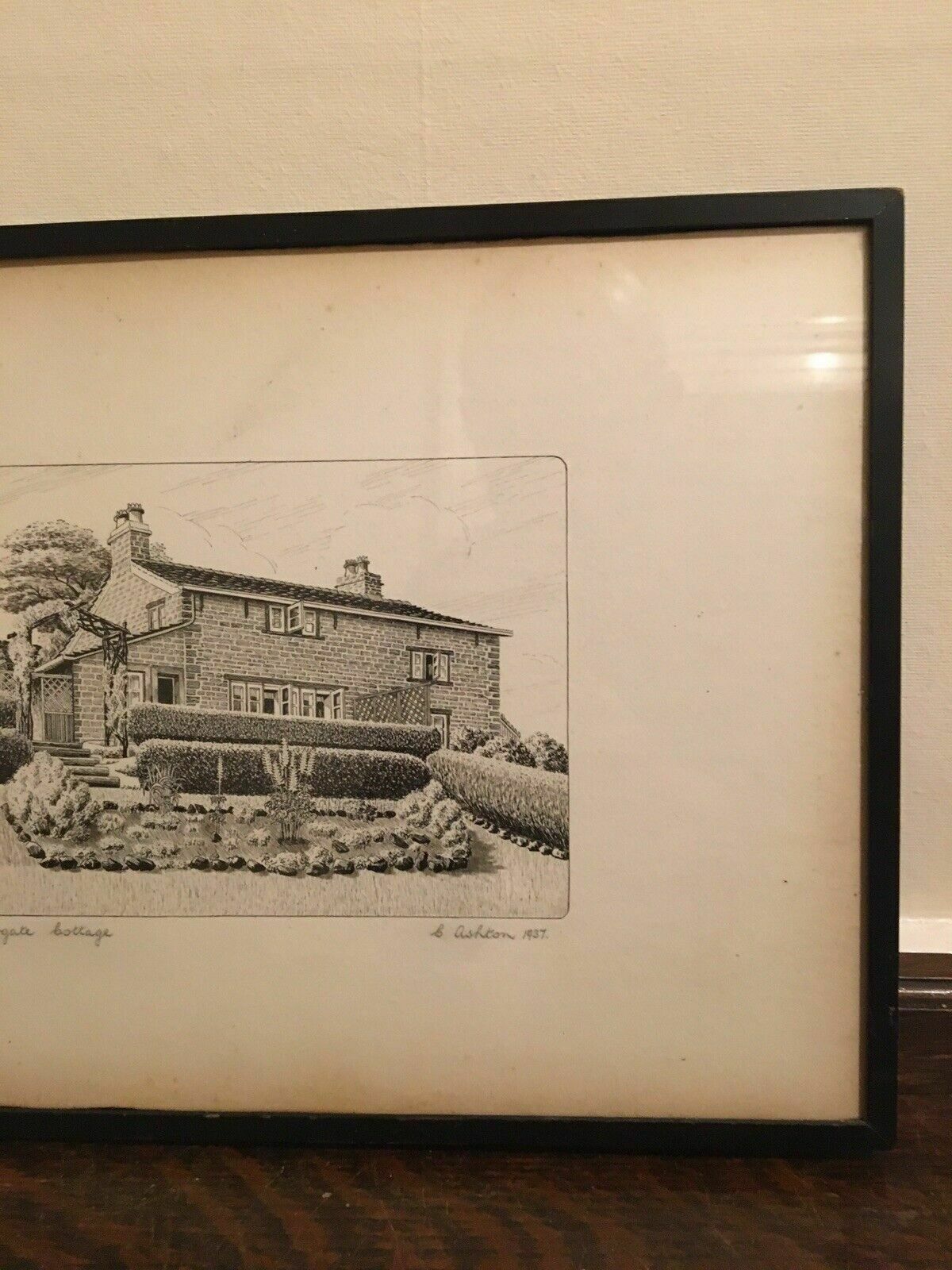 Graphic Ink Drawing 1937 Signed Moorcroft Cottage Framed Antique Drawing photo vintage