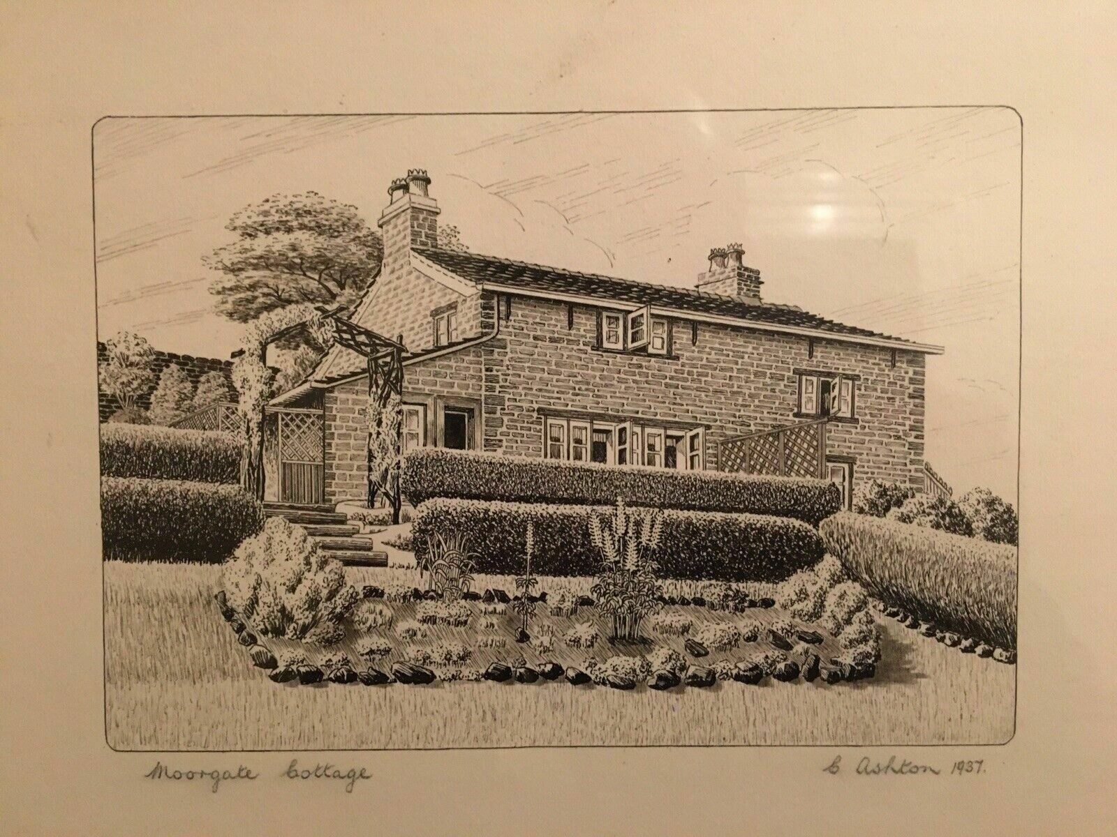 Art Graphic Ink Drawing 1937 Signed Moorcroft Cottage Framed Antique Drawing photo