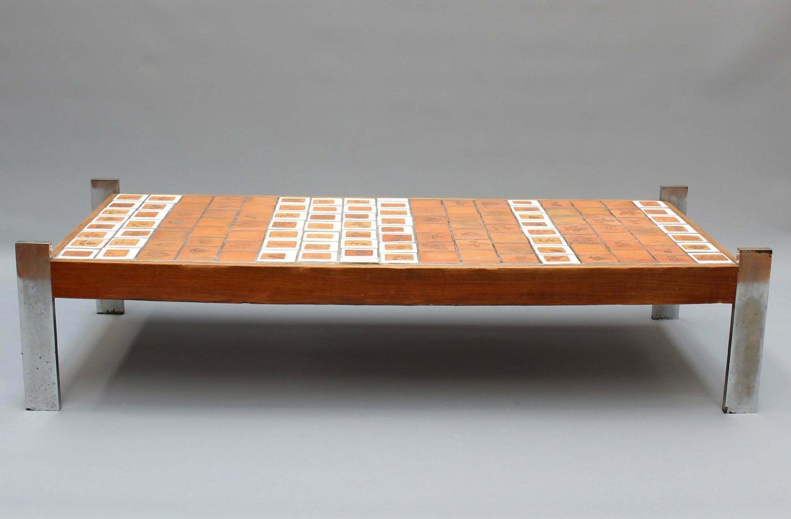 Vintage French Coffee Table With Leaf Motif Tiles By Roger Capron (Circa 1970s)