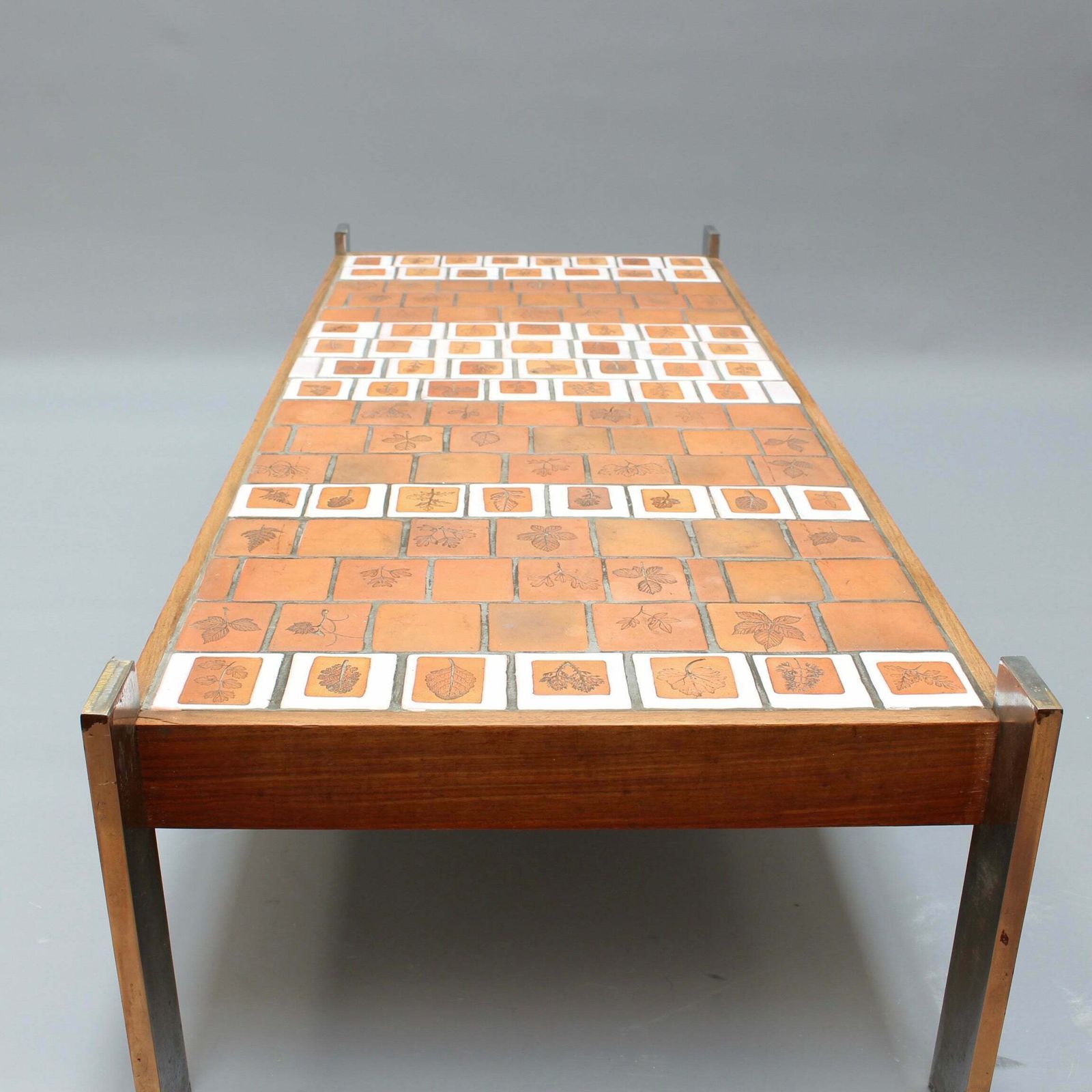 photo furniture Vintage French Coffee Table With Leaf Motif Tiles By Roger Capron (Circa 1970s)