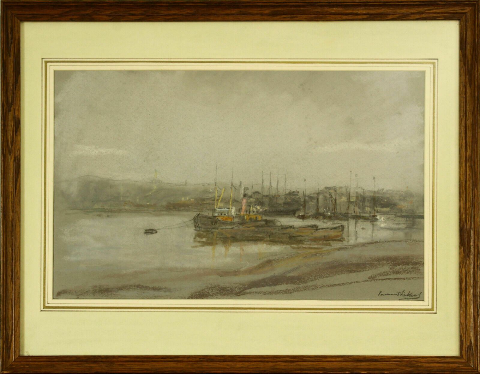 Pastel By Bernard Sickert. Fishing Steamer Moored With Smaller Boats