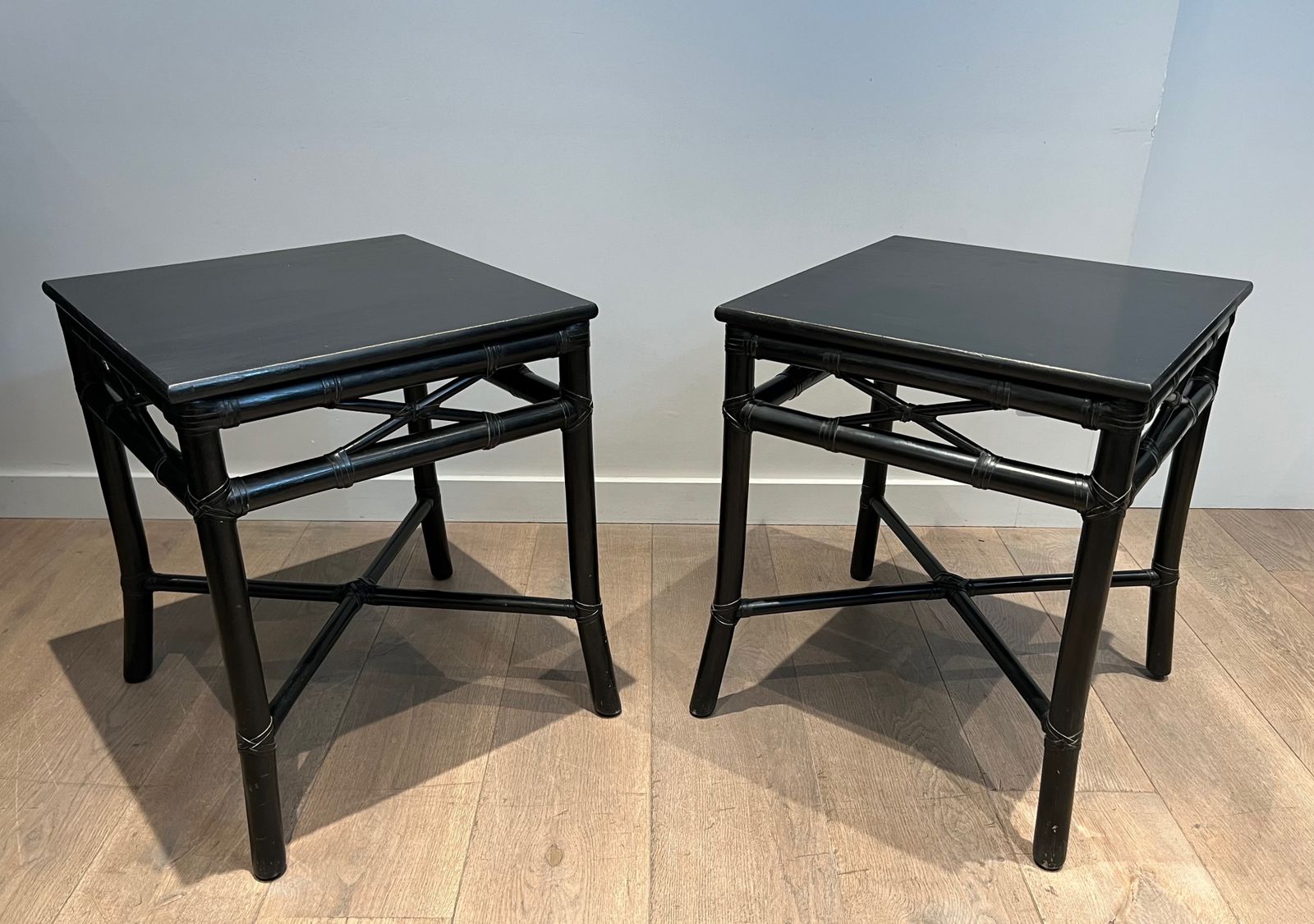 2250.0 Pair Of Black Lacquered Faux Bamboo Side Tables photo