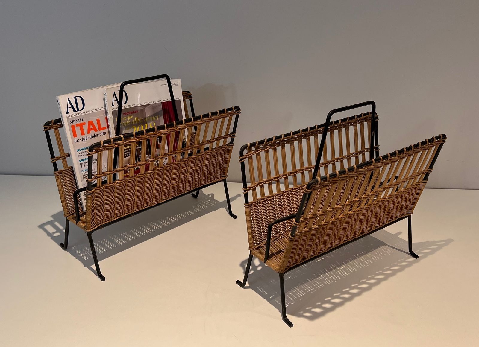 Home Decor Pair Of Magazine Racks In Black Lacquered Metal And Rattan photo