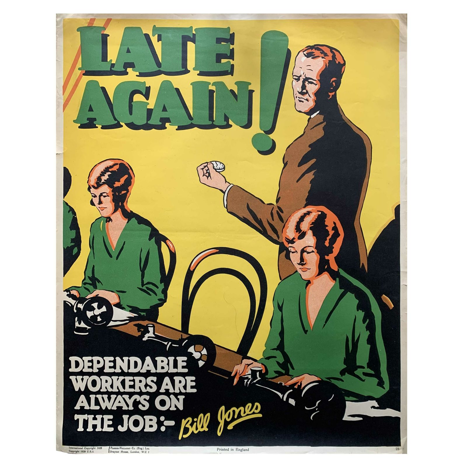 Vintage Posters: Original 1920s Punctuality Poster “Late Again! Dependable Workers Are Always On The Job”