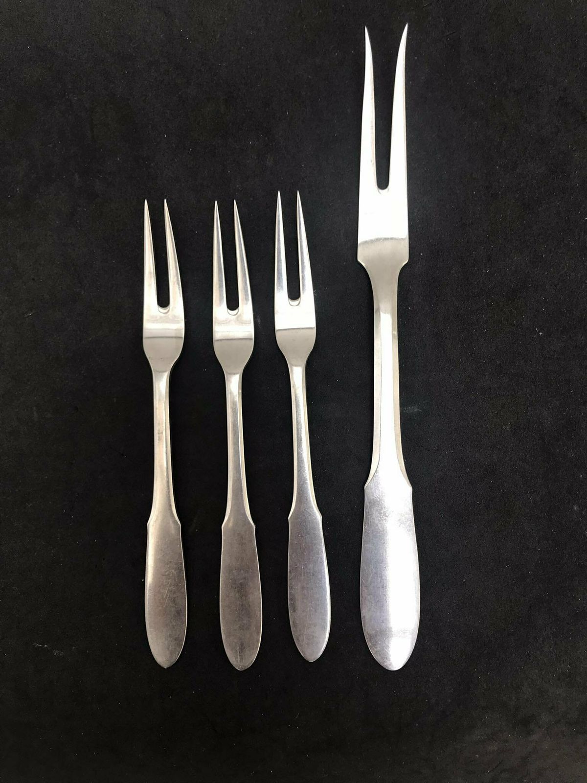 Mitra Georg Jensen Gundorph Albertus Set 4 Cold Meat Forks Stainless Steel, 1940s Replacement Forks Danish Cutlery Scandinavian Flatware photo vinterior
