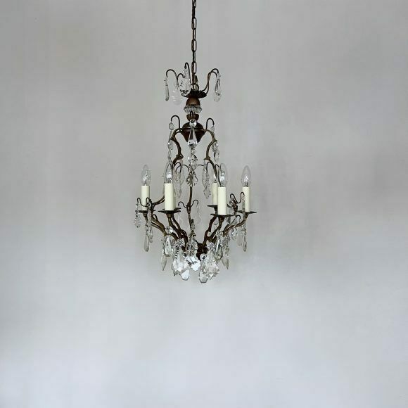 French Gilt Brass Birdcage Chandelier With Glass And Crystal Drops