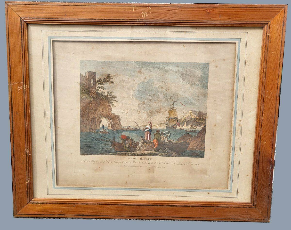 Suite Of 4 Framed Engravings, Fishing, Xixth Century photo Art