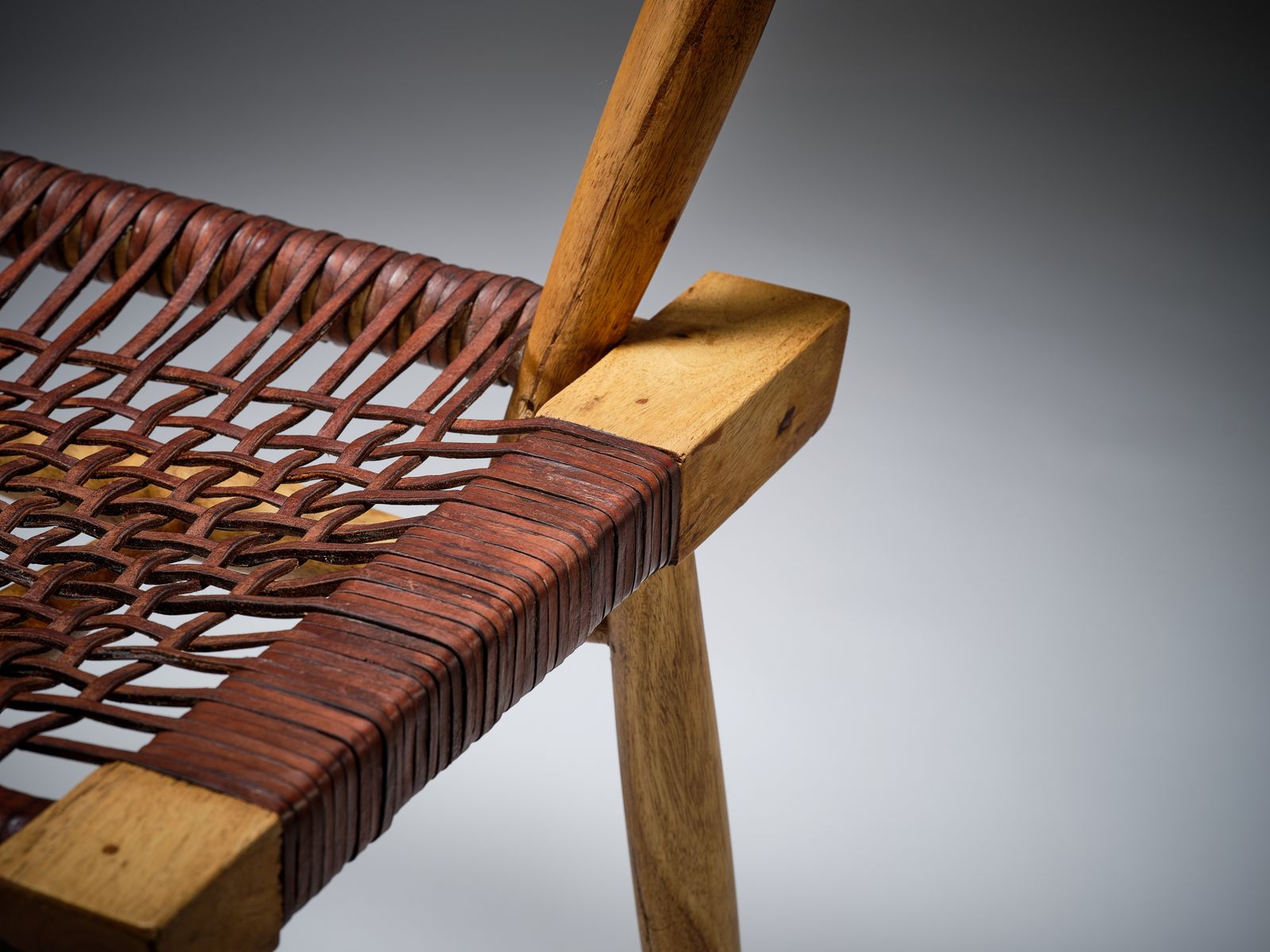Delightful Danish Mid Century Style Leather Strung African Hardwood Framed Chair, Denmark Circa 1980's photo vinterior