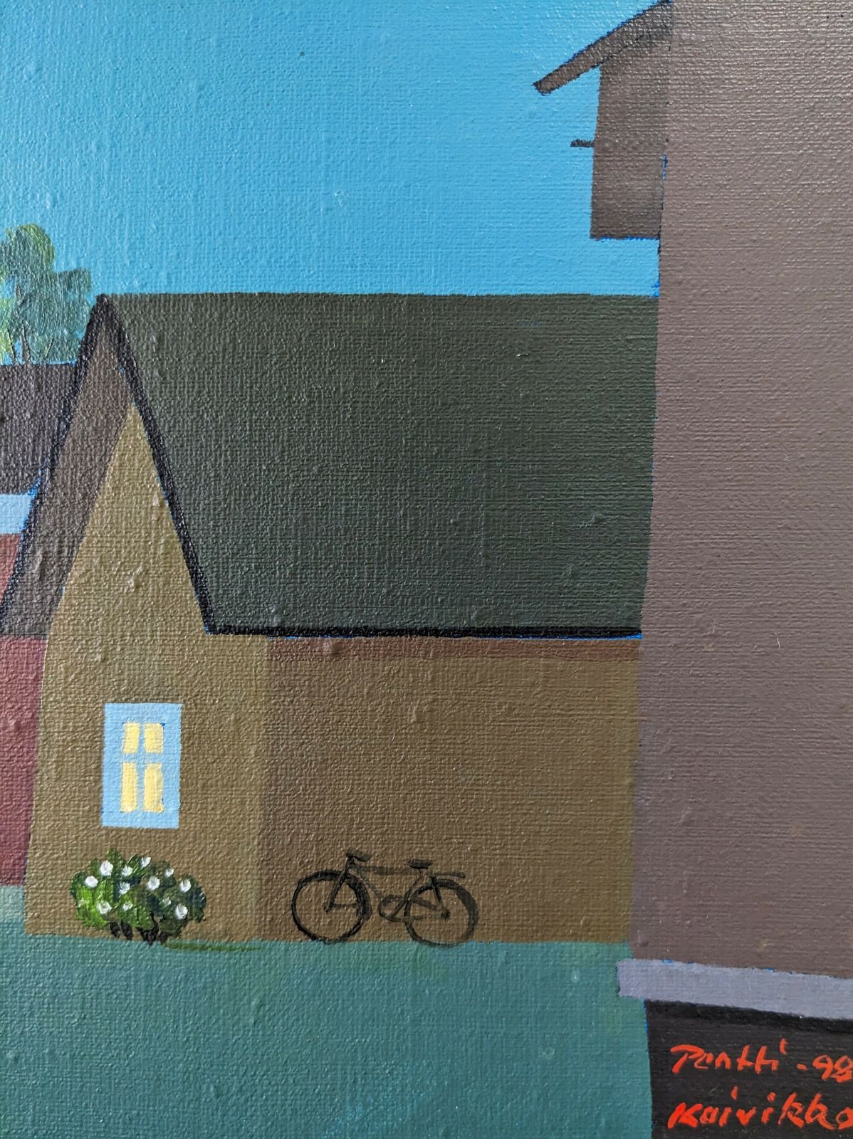 Framed Street Scene Oil Painting, Houses At Midnight, 1990s photo Art