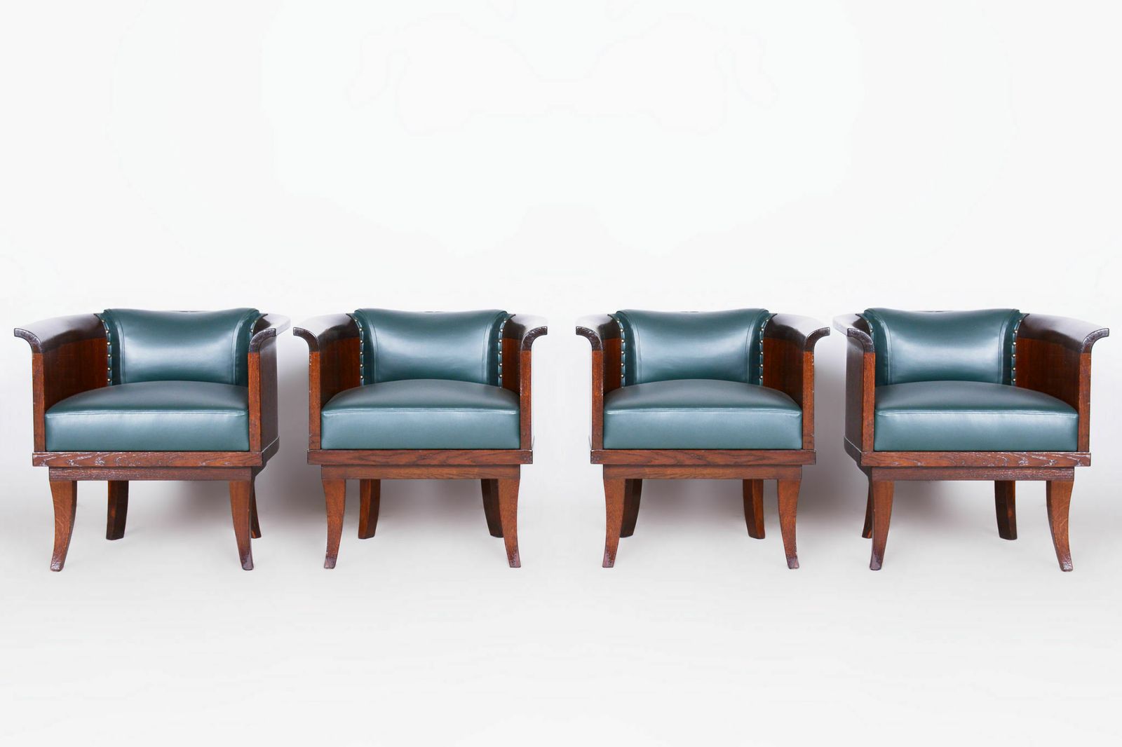 Restored Artdeco Set Of Four Armchairs, High Quality Leather, Solid Oak, New Professional Upholstery, Czechia, 1920s photo for sale