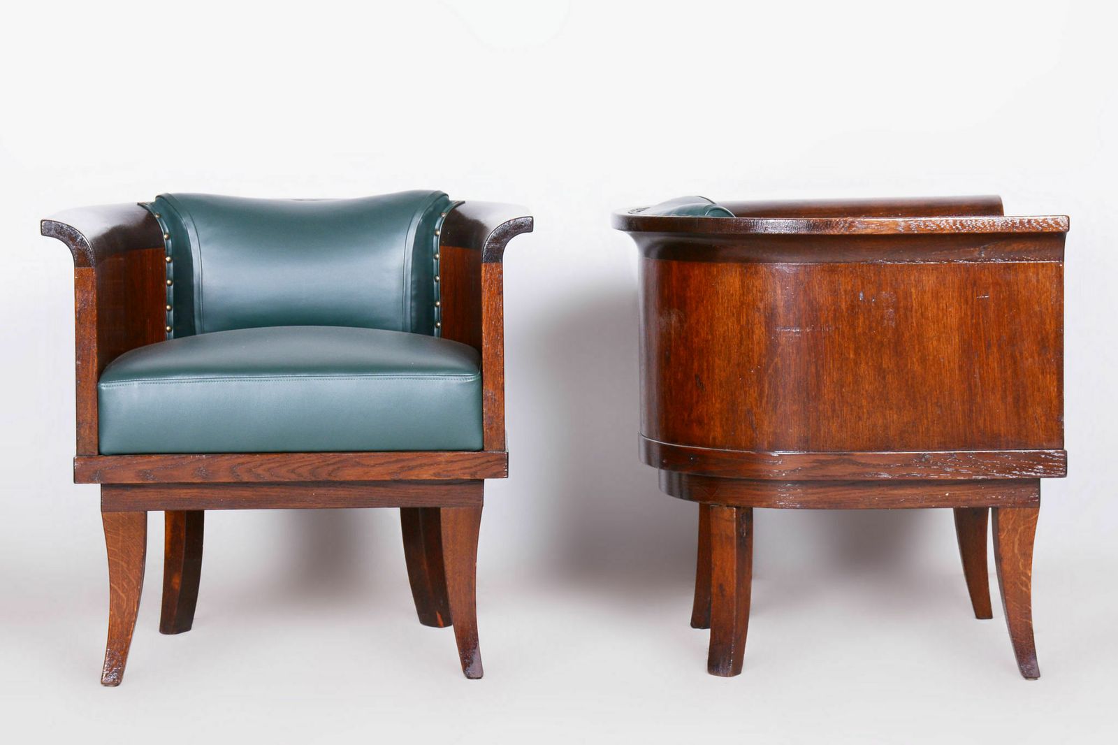 Restored Artdeco Set Of Four Armchairs, High Quality Leather, Solid Oak, New Professional Upholstery, Czechia, 1920s photo vintage