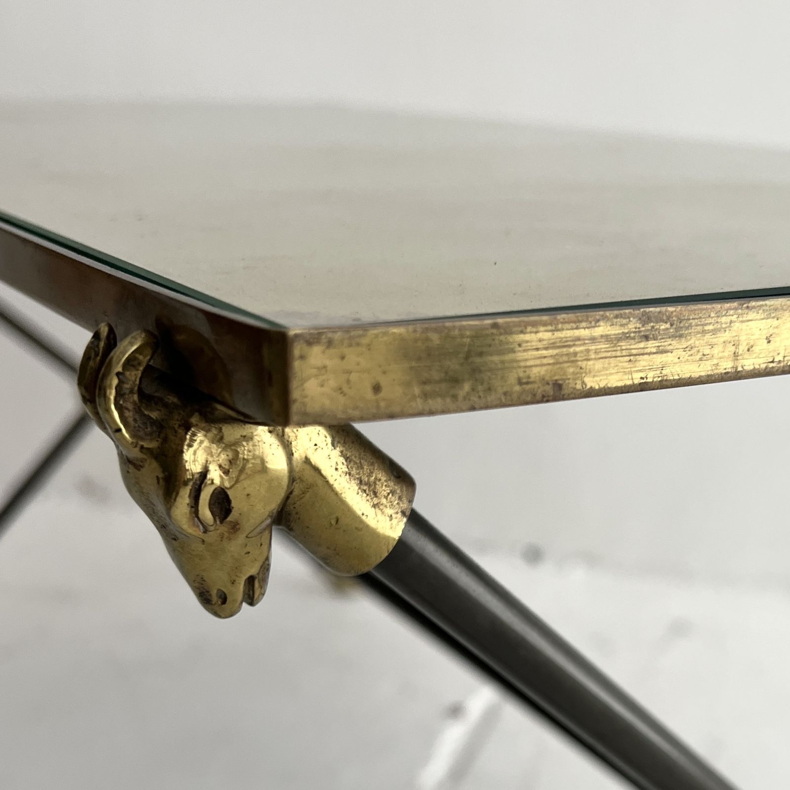 photo furniture 1970s 70s Maison Ramsay Gold Leaf  Brass Hoof And Rams Head French Coffee Table