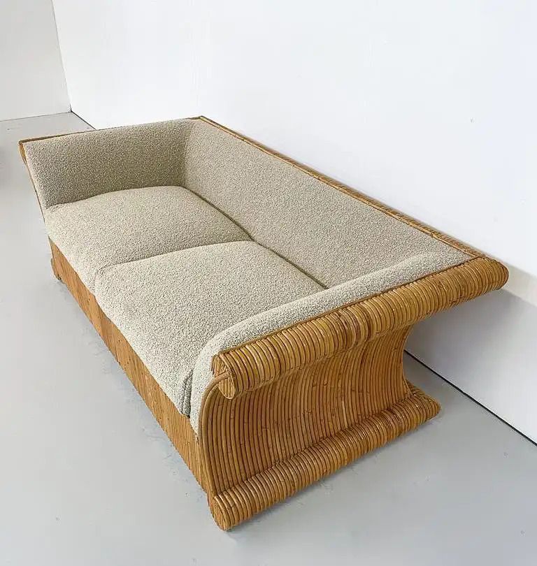Mid Century Modern Rattan Two Seater, Beige Boucle Fabric, Italy, 1960s photo furniture