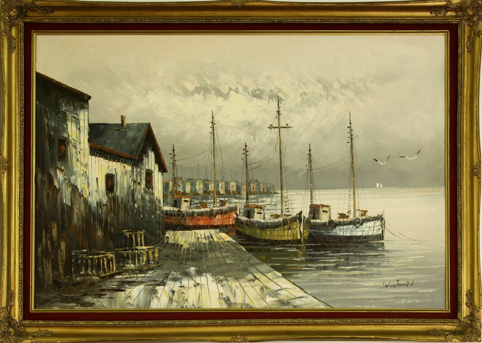 Oil On Board Signed W. Jones. Moored Fishing Boats