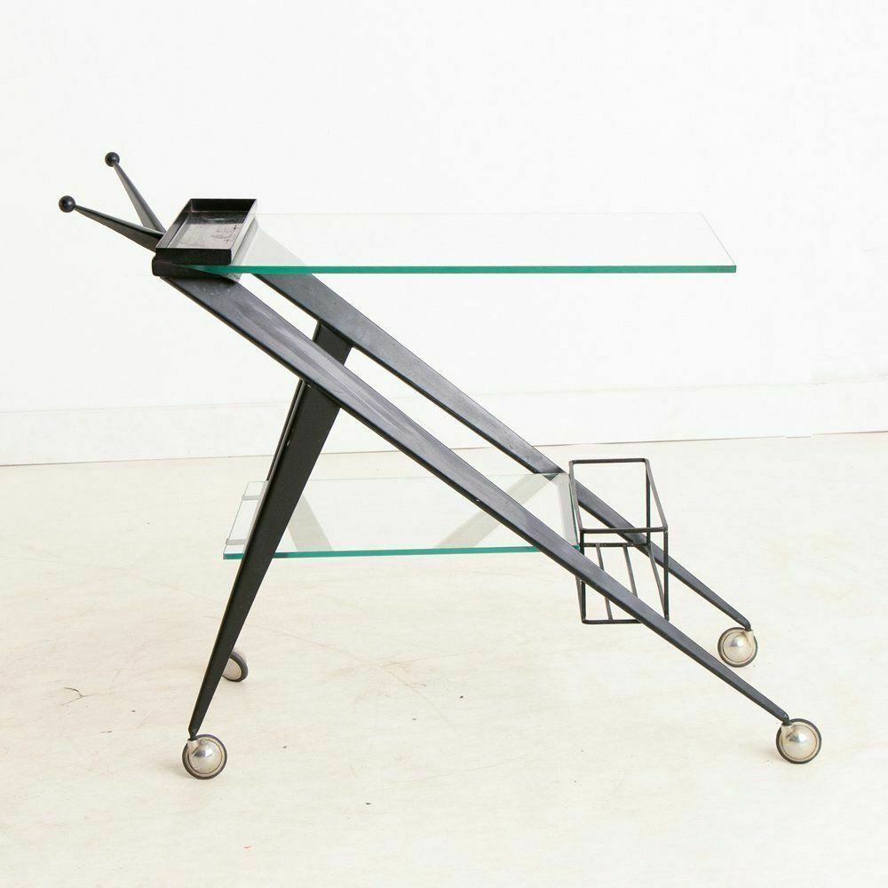 Midcentury Italian Two Tier Metal, Glass & Brass Bar Cart C.1950