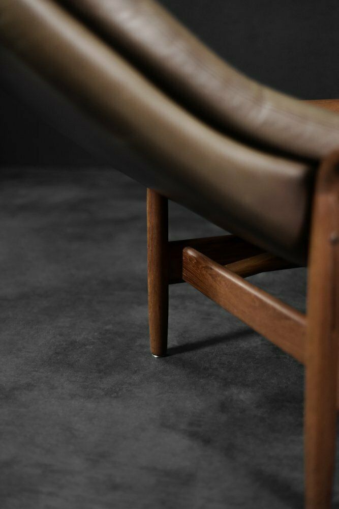 photo buy Mid Century Danish Modern Teak Wood & Brown Leather High Armchair With Reclining Backrest, 1960s