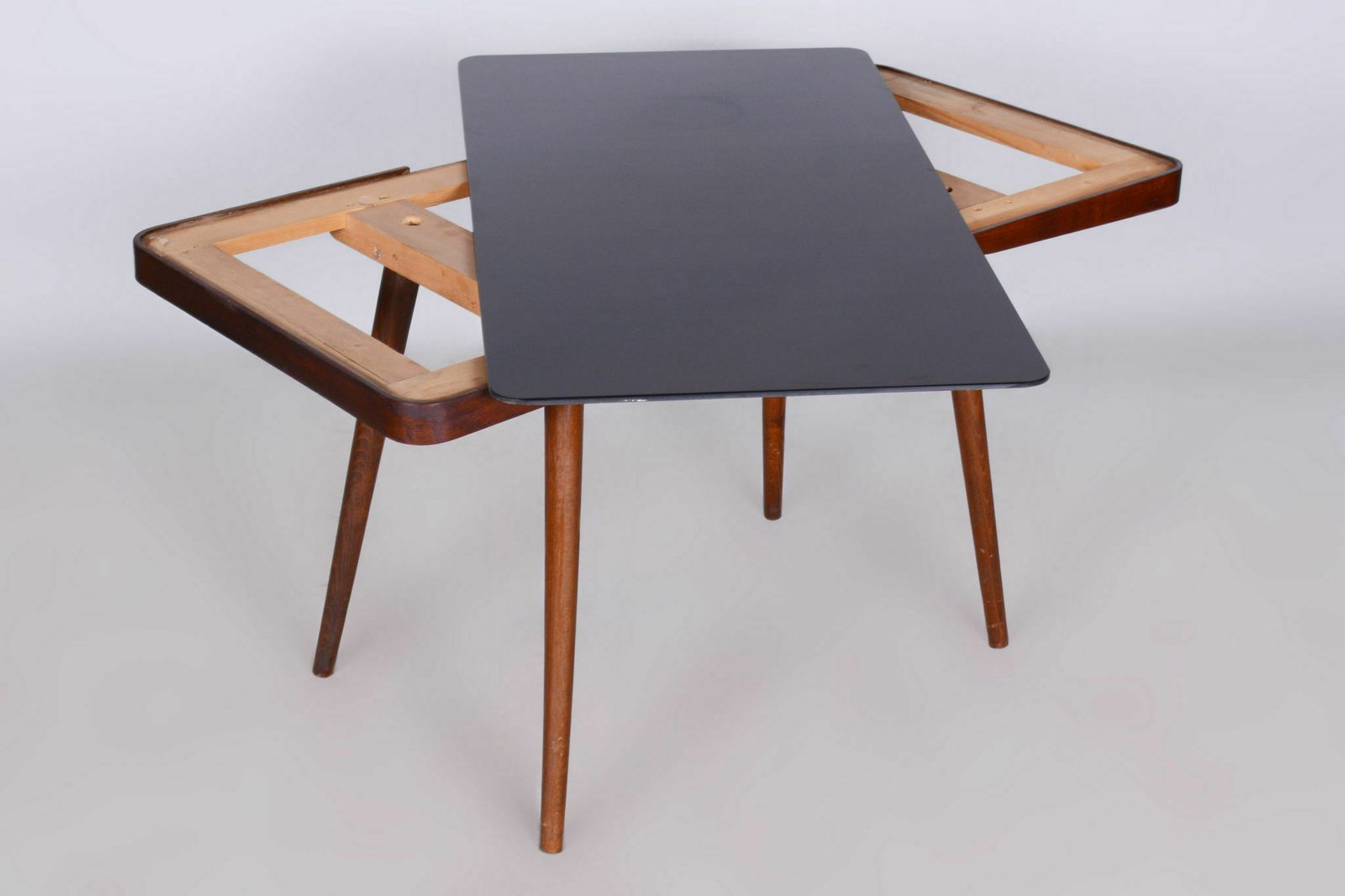 Original Midcentury Beech Coffee Table, Opaxit Glass, Maker Interier Praha, Well Preserved Condition, Revived Polish, Czechia photo for sale