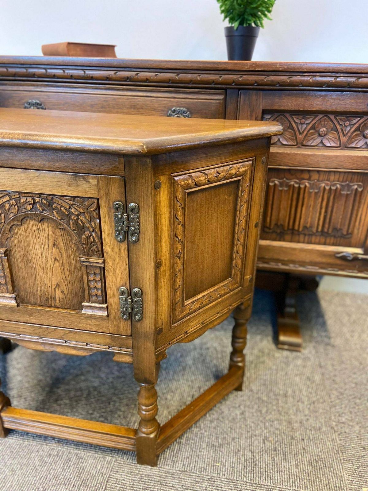 photo furniture Vintage Old Charm Wood Brothers / Light Oak / Side Cabinet / Carved Oak / C1960s