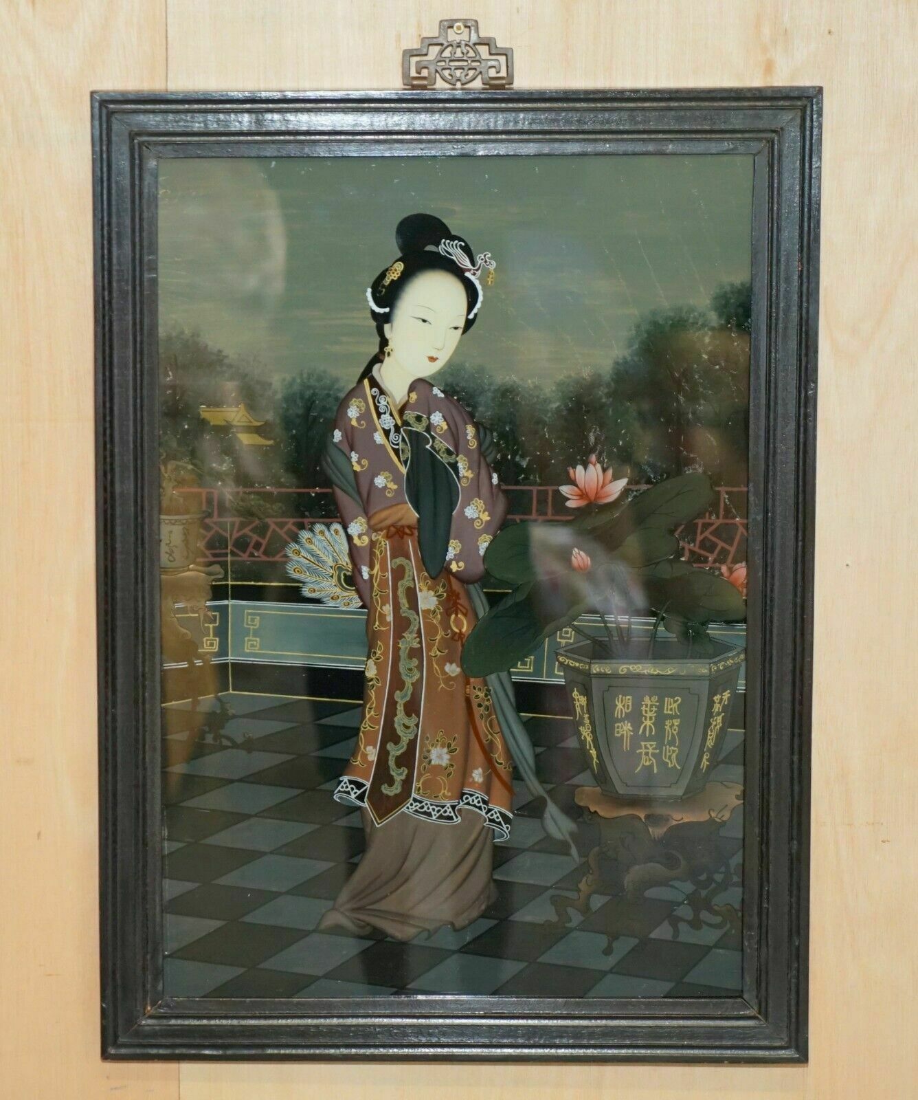 Sublime Pair Of Antique Chinese Ancestral Portrait Hand Painted Glass Paintings photo furniture