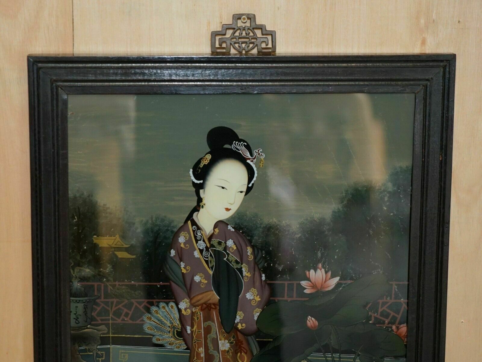 Sublime Pair Of Antique Chinese Ancestral Portrait Hand Painted Glass Paintings photo for sale