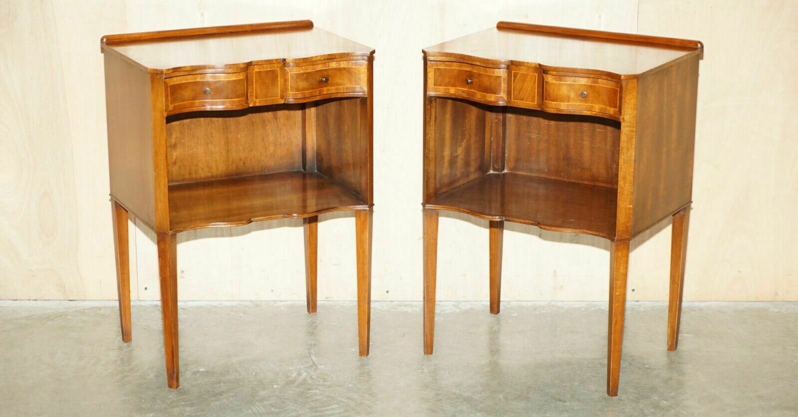 Pair Of Antique Restored Serpentine Fronted Flamed Mahogany Side End Lamp Tables photo furniture