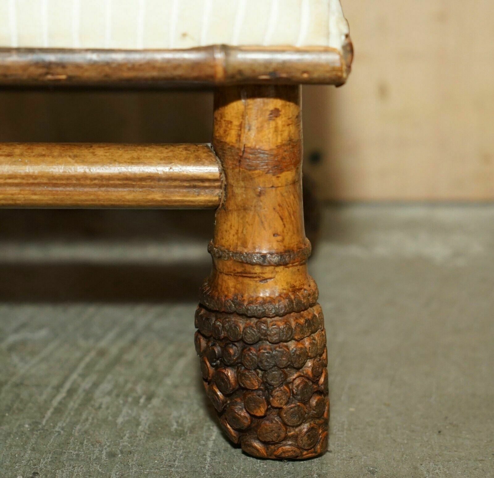 Small Antique Circa 1880 Aesthetic Movement Bamboo Carved Chinese Footstool photo vintage