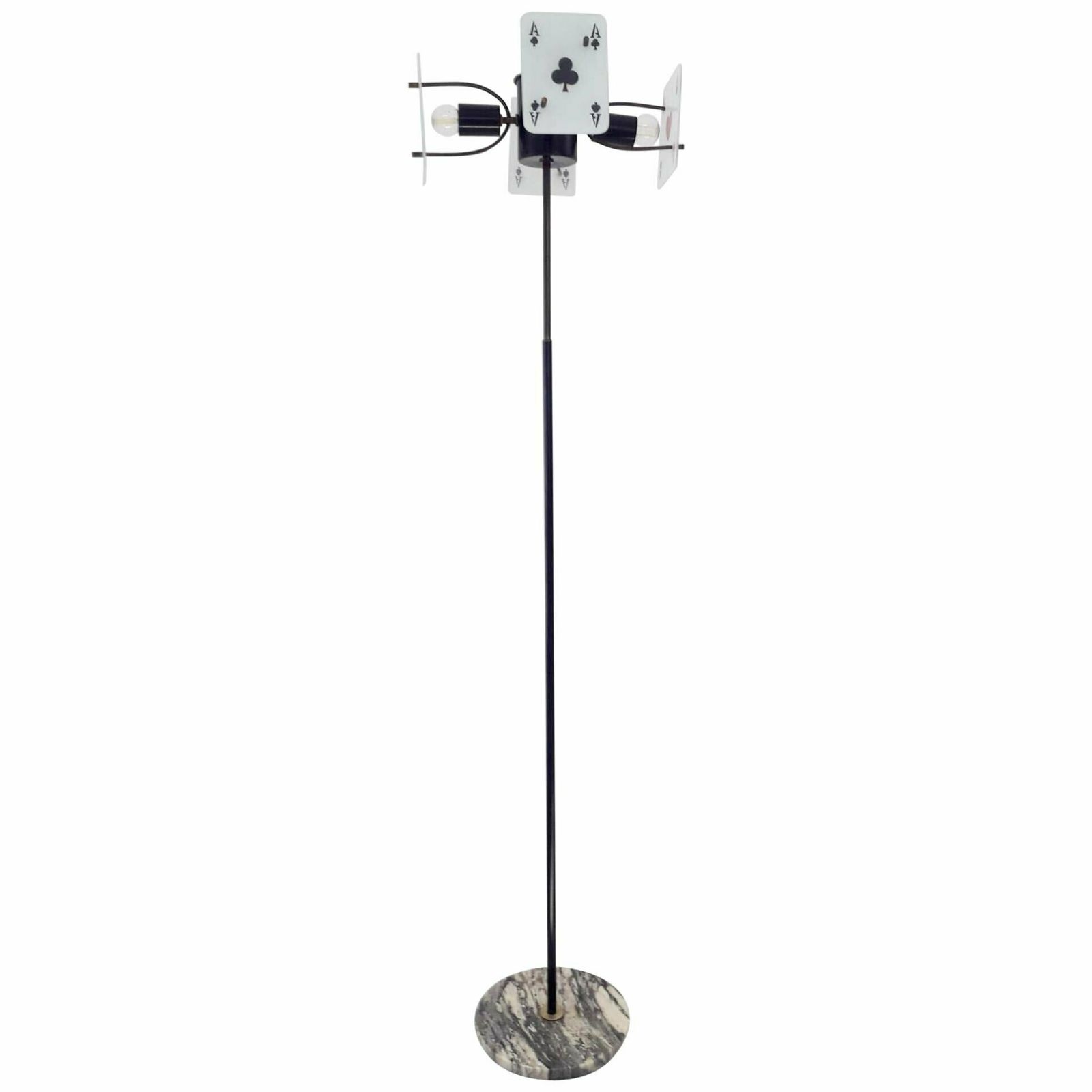 Rare Vintage Italian Midcentury Floor Lamp With 4 Poker Glass Diffusers Mounted On Black Metal Frame And Marble Base / Made In Italy, Circa 1960s   Me