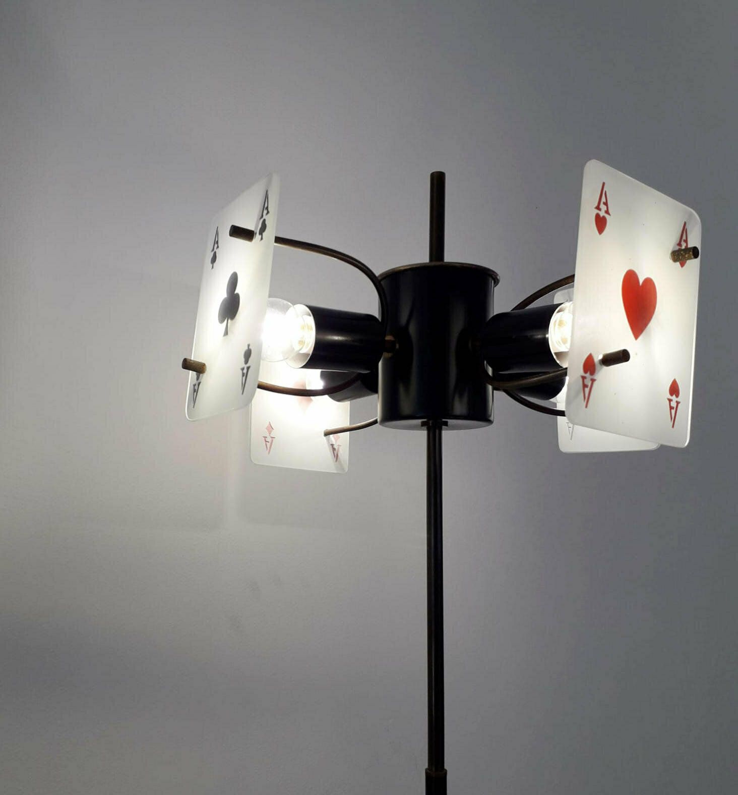 Rare Vintage Italian Midcentury Floor Lamp With 4 Poker Glass Diffusers Mounted On Black Metal Frame And Marble Base / Made In Italy, Circa 1960s   Me photo Lighting
