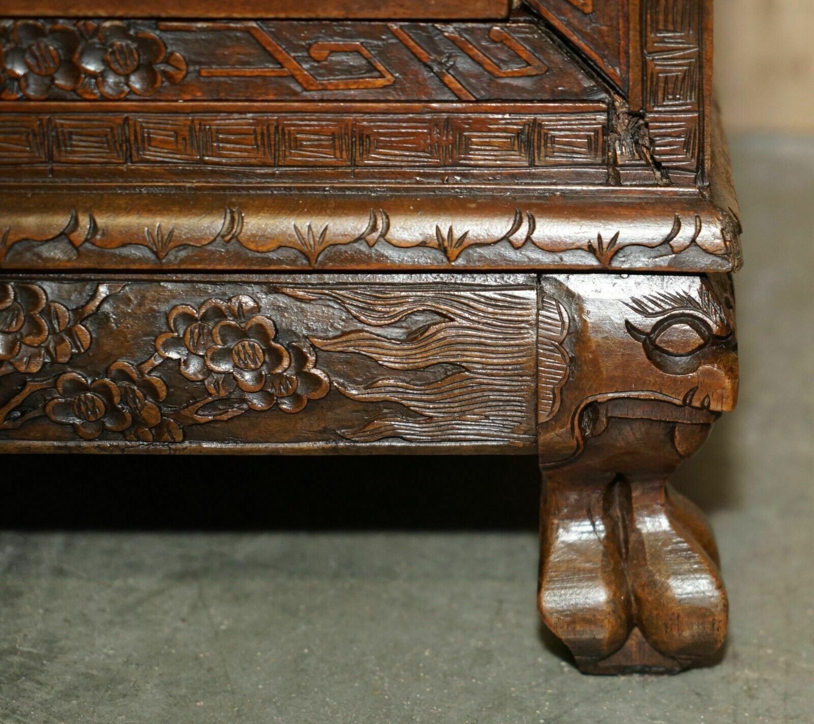 Furniture Antique Chinese Hand Carved Circa 1890 Chest Of Drawers Very Detailed Handles photo