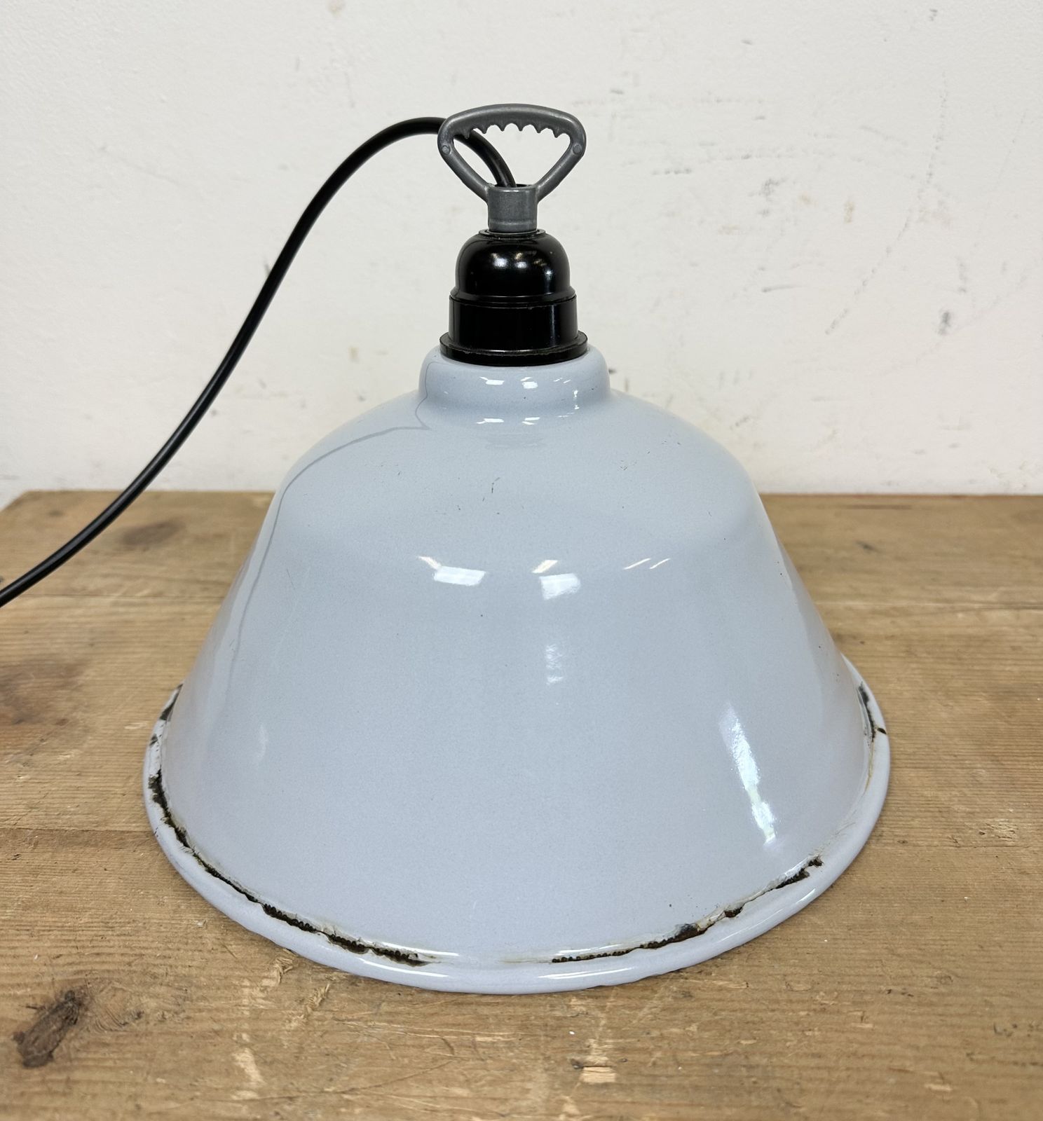 photo for sale Industrial French Grey Enamel Factory Pendant Lamp, 1960s