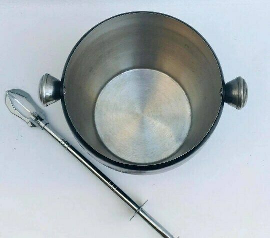 Vintage Black Ice Bucket Mid Century Stainless Steel Bar Cart Styling Barware Gift For Him Industrial Bar photo vinterior