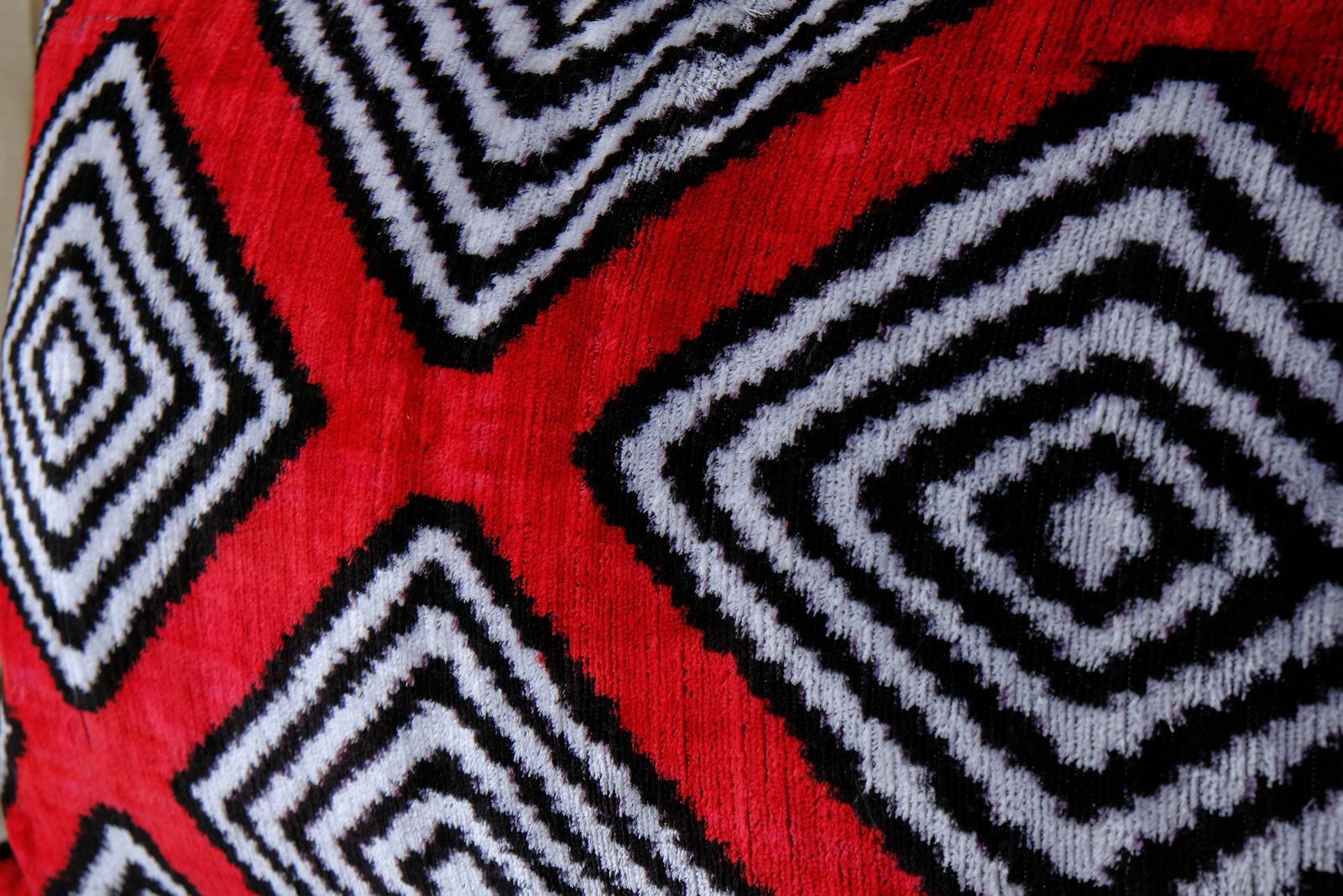Set Of Two Silk Ikat Velvet Pillow, Matching Red Uzbek Ikat Cushion Cover, Designer Pillow 16" X 24" photo for sale
