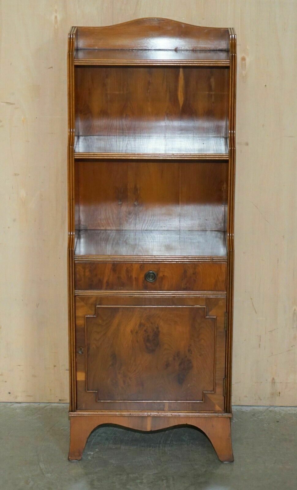 Pair Of Vintage English Flamed Mahogany Waterfall Bookcases With Cupboard Bases photo for sale